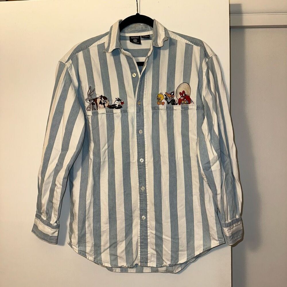 Vintage Warner Brothers Looney Tunes Blue White Stripe Shirt Small GUC